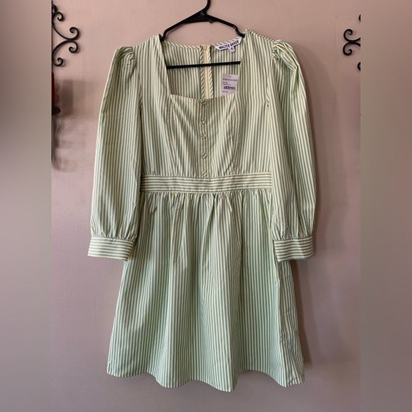 NWT Walter Baker Sadia Lemon Teal Striped Long Sleeve Babydoll Dress Size 4 - Picture 4 of 16